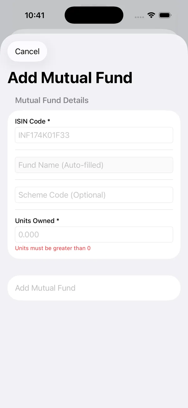 Add mutual fund form